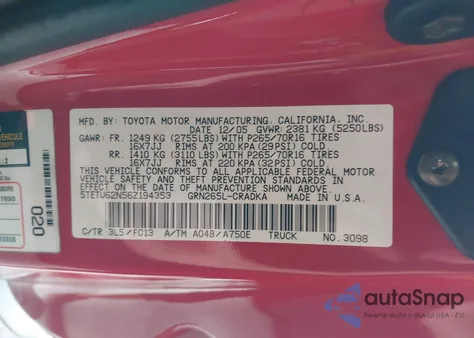 2006 Toyota Tacoma Prerunner V6 z USA, uszkodzony, nr VIN 5TETU62N56Z194353